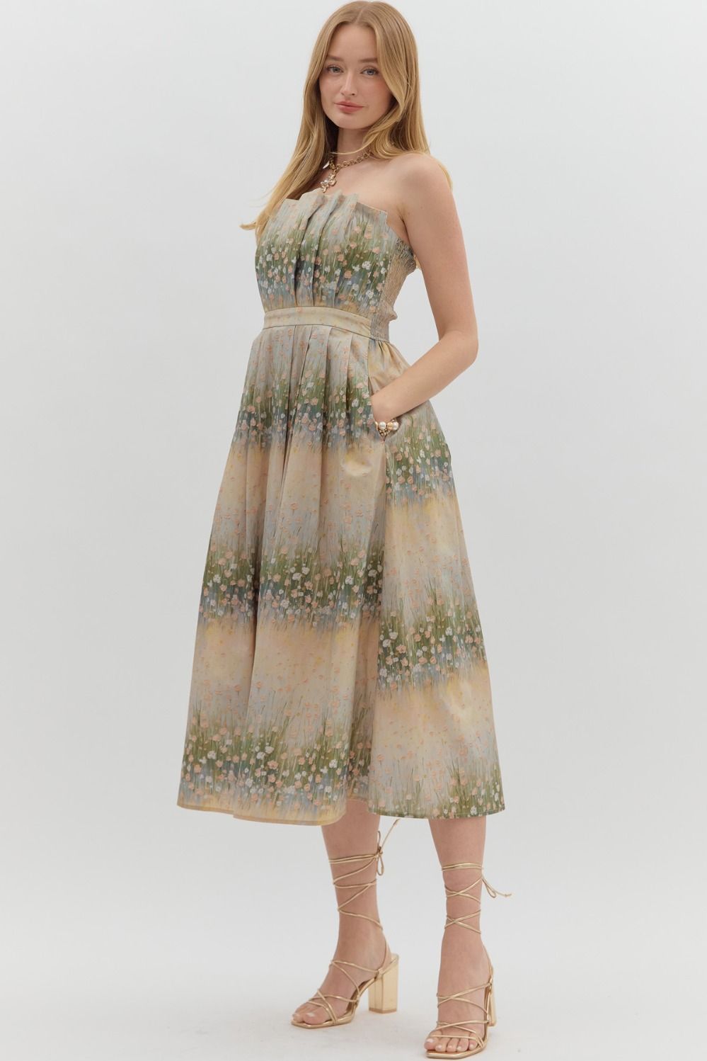 Neutral garden floral print strapless dress image 0