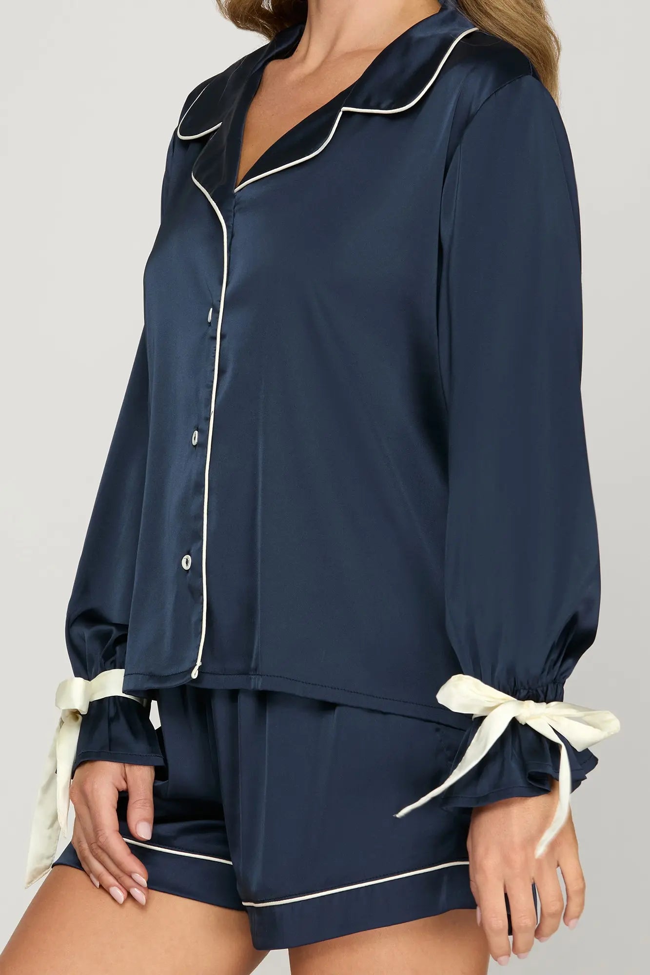 NAVY LONG SLEEVE TOP AND SHORTS PAJAMA SET WITH SLEEVE TIES image 4