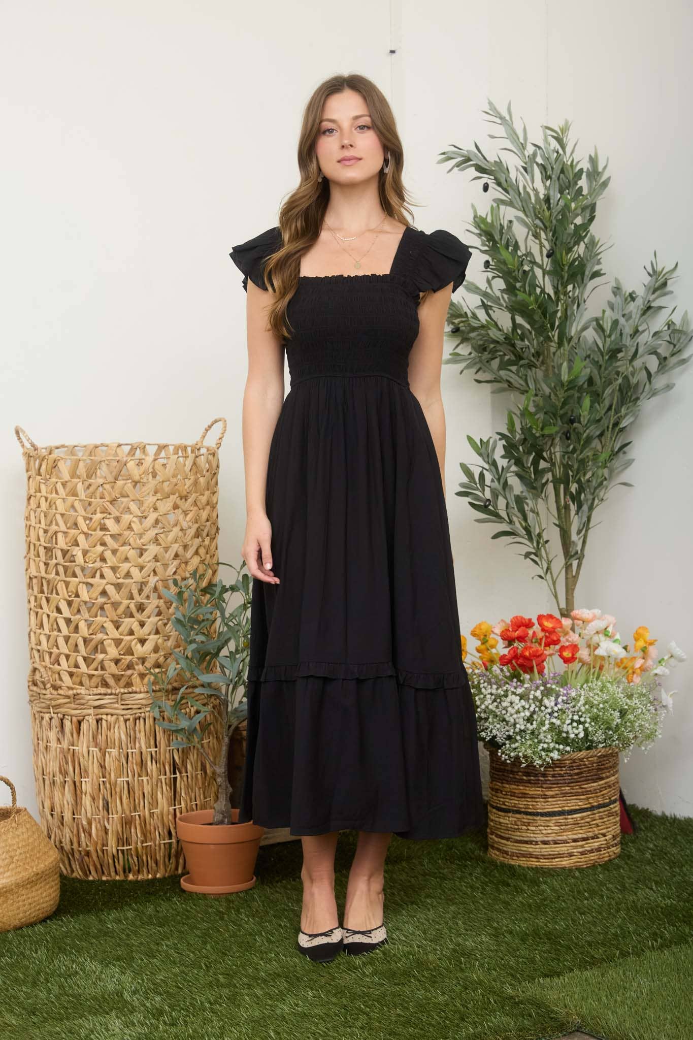 MOCK BUTTON DOWN SMOCKED RUFFLE DETAIL MIDI DRESS