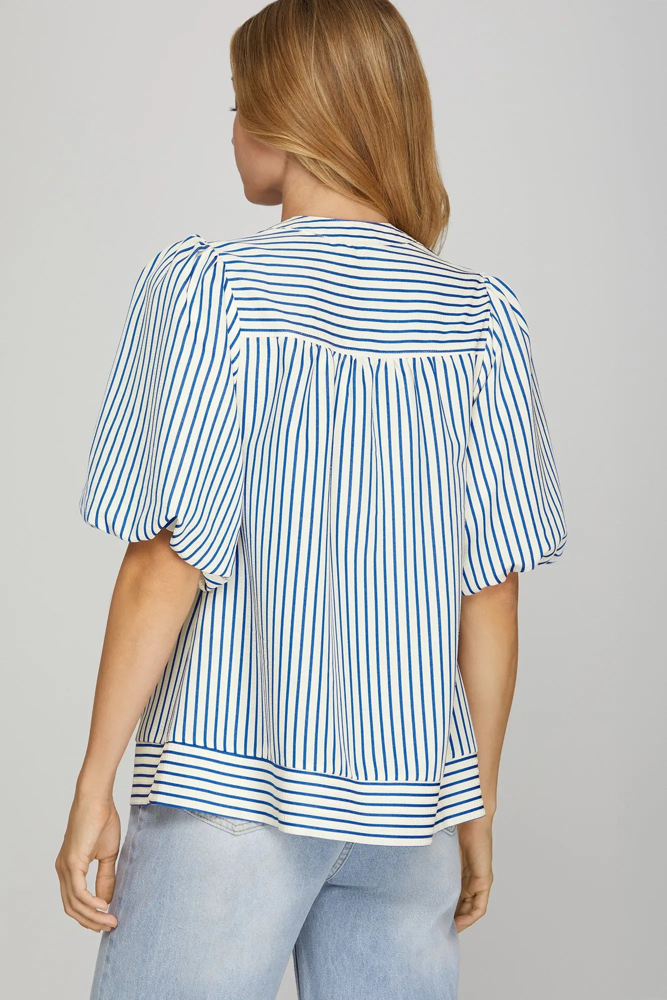 BUBBLE SLEEVE STRIPED WOVEN TOP image 1