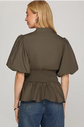 OLIVE PUFF SLEEVE SMOCKING FRONT ZIPPER WOVEN TOP WITH ELASTIC WAISTBAND image 1