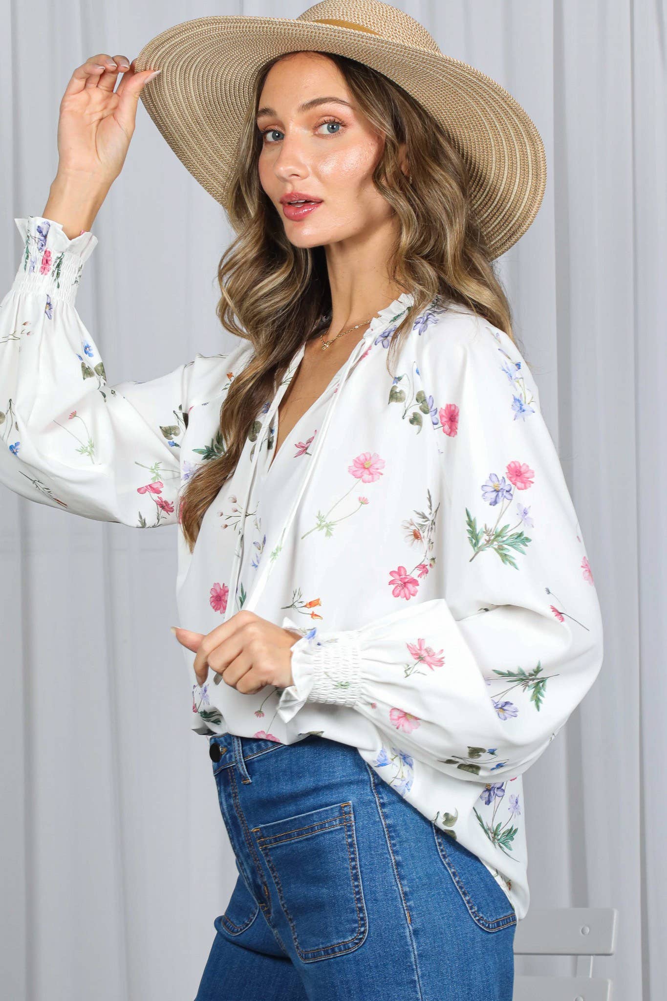 Floral Print Ruffled V-Tie Neck Blouse Top