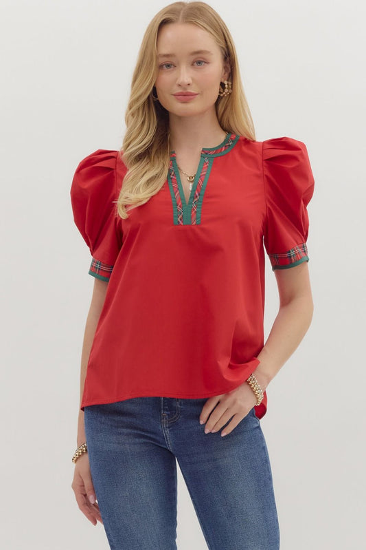 Red Solid Top with Plaid VNeck Band image 0