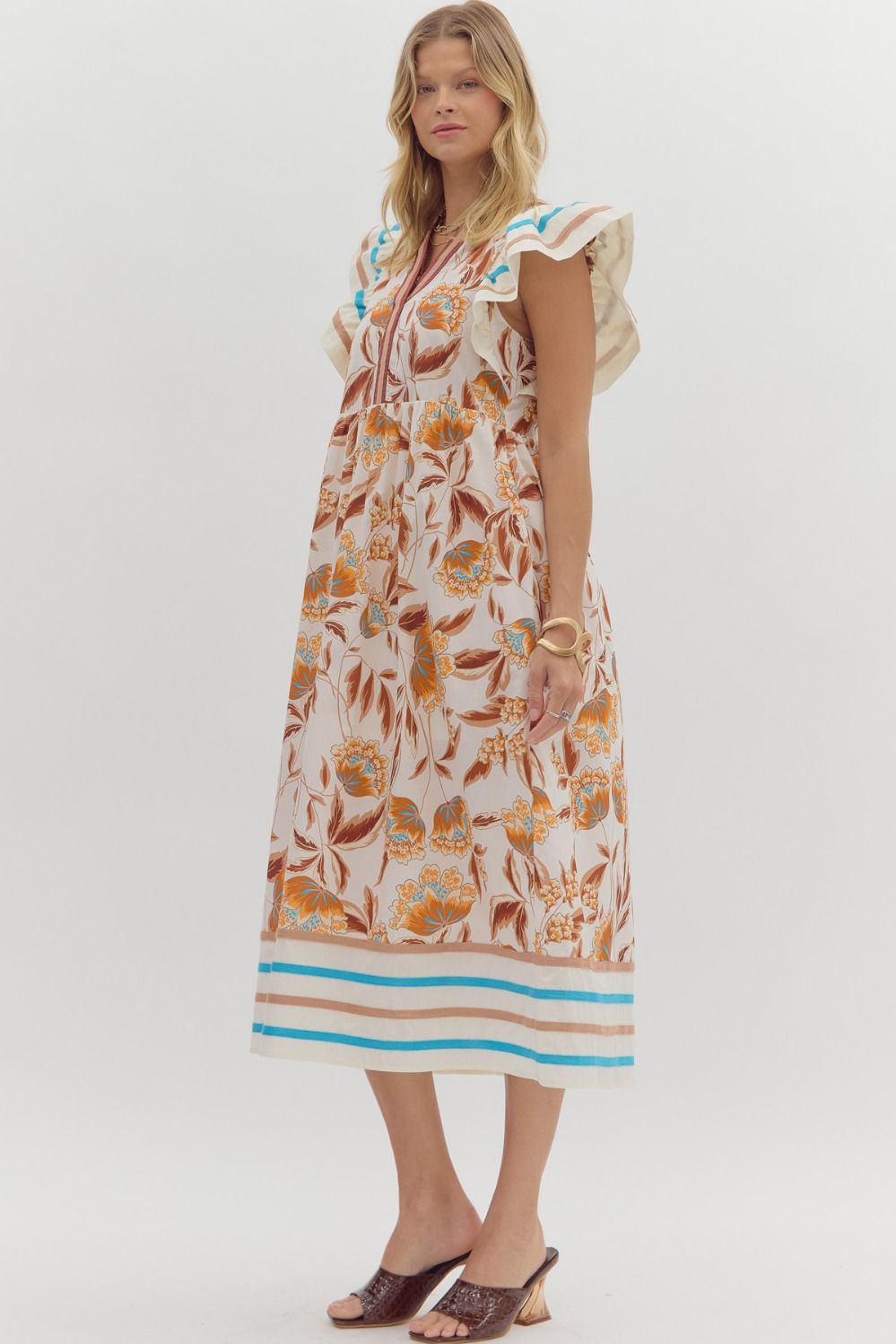 Cream Floral Print Flutter Sleeve Midi Dress image 4