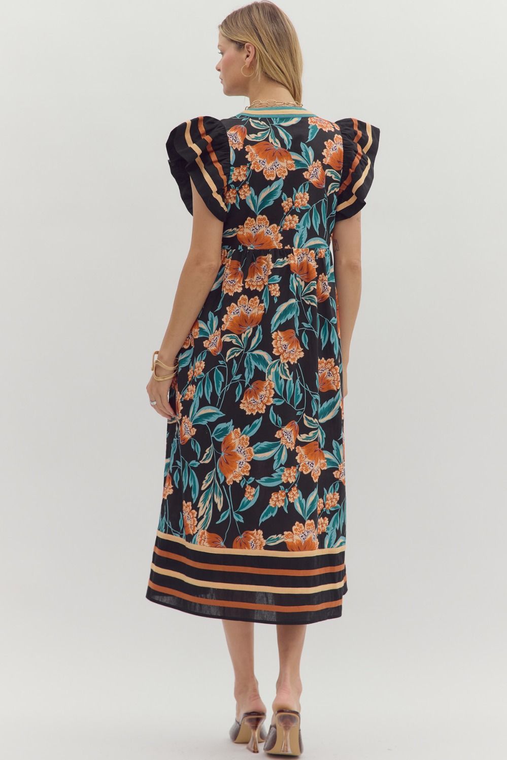 Black & Blue/Rust Floral Flutter Sleeve image 5