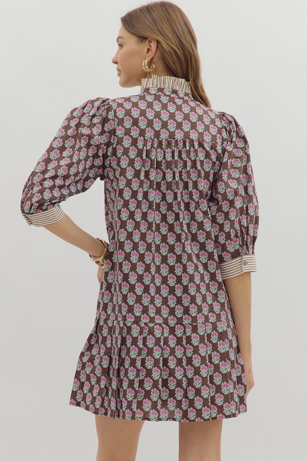 Brown & Pink 3/4 Sleeve Floral Mini Dress image 5