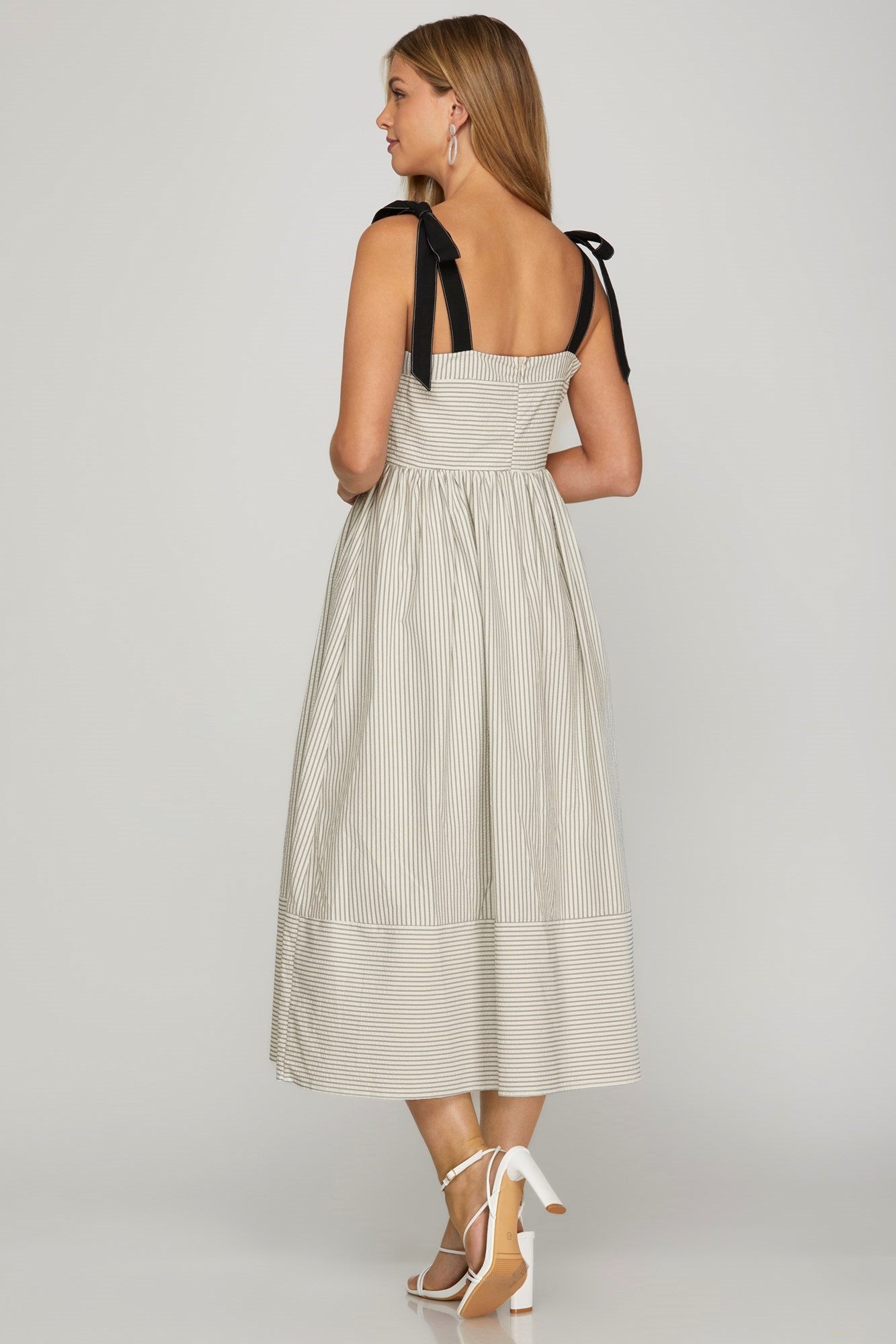 Off White Midi with Black Ribbon Tied Sleeveless Striped image 1