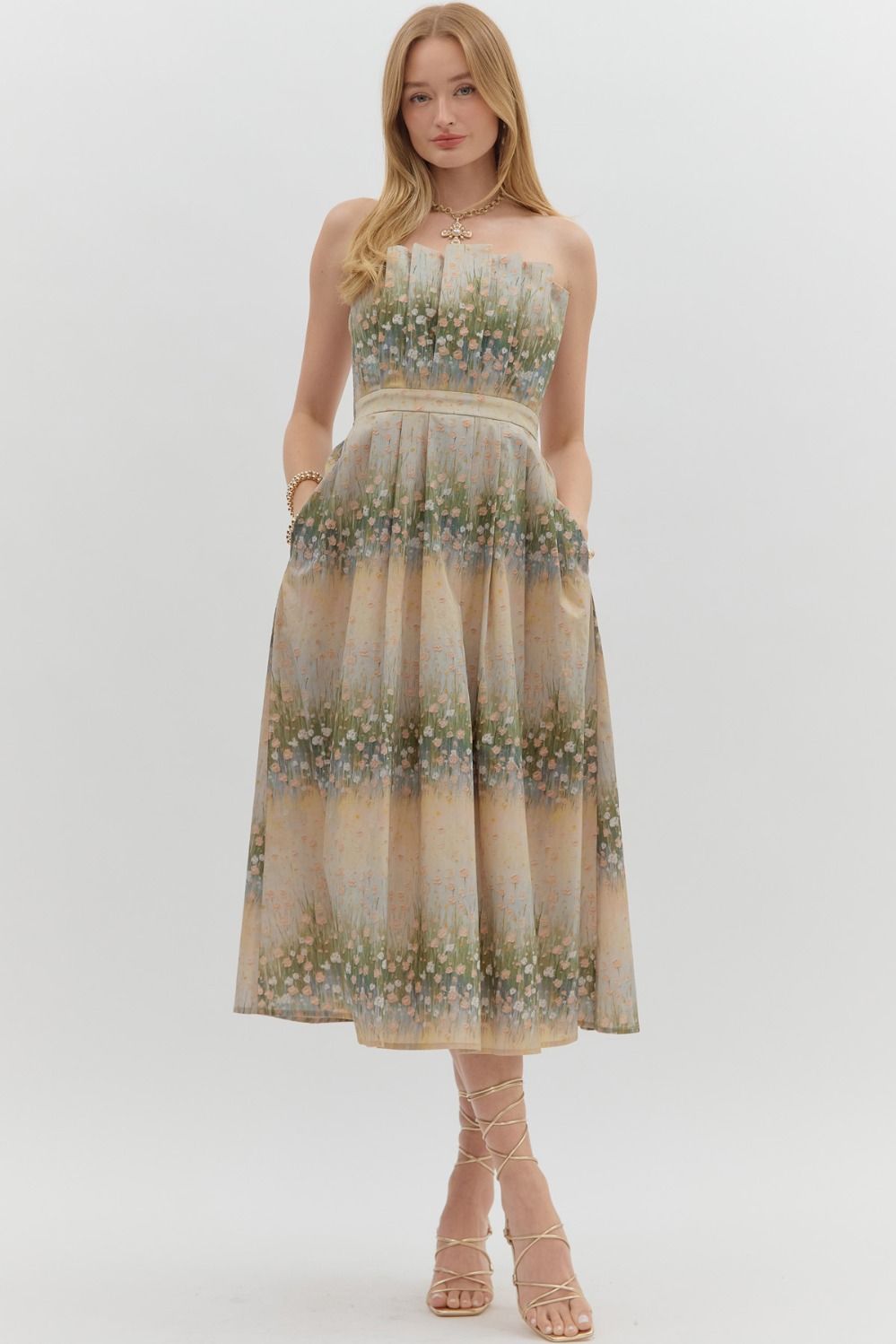Neutral garden floral print strapless dress image 3