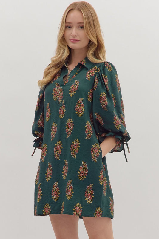 H Green Floral Puff Sleeve Mini Dress image 1