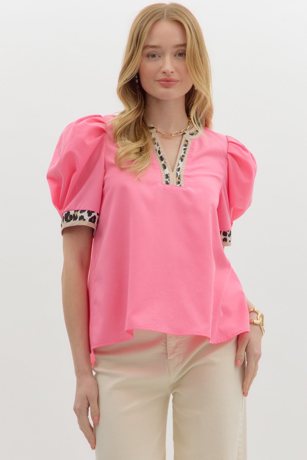Pink Top With Leopard V Neck Collar image 0