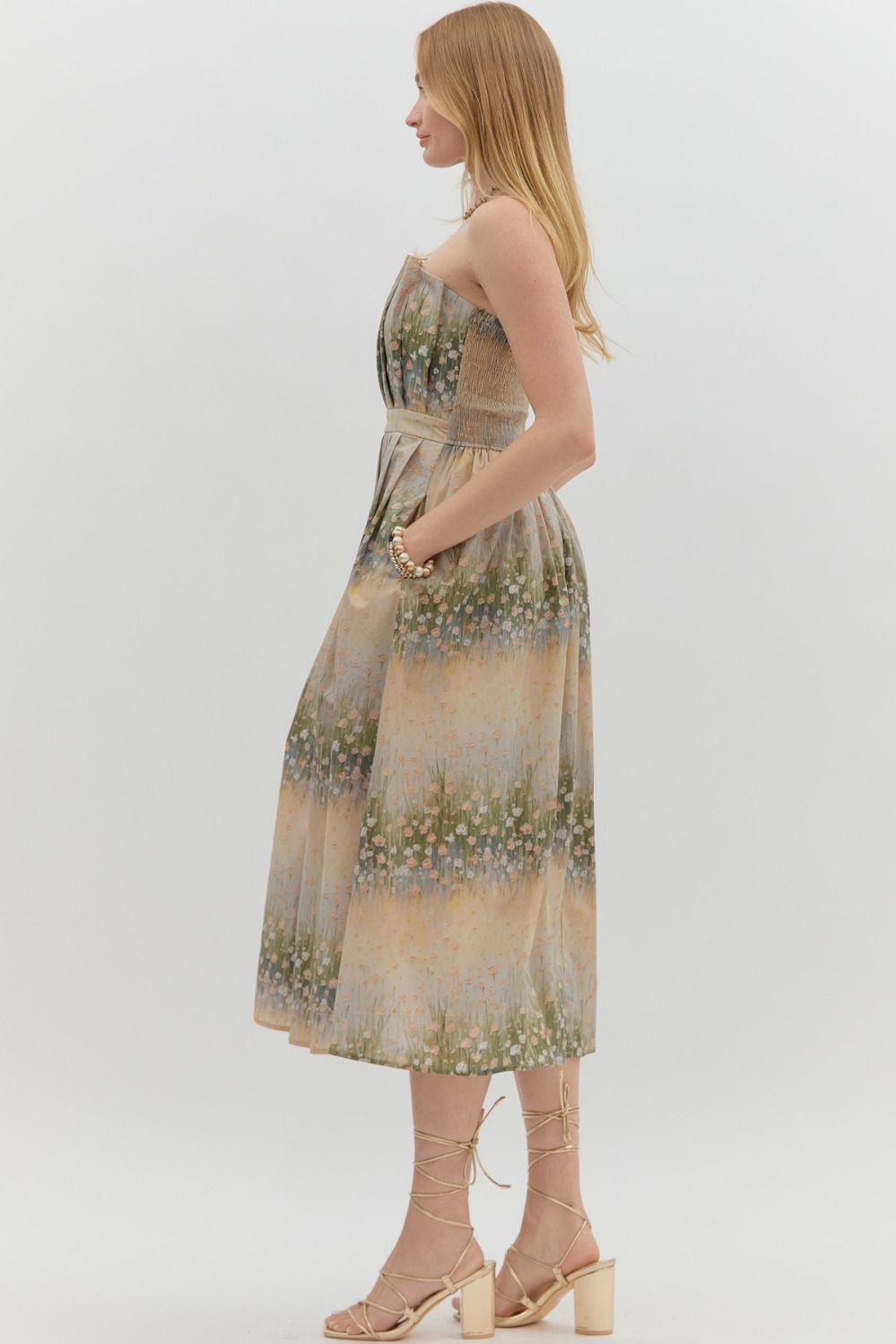 Neutral garden floral print strapless dress image 4