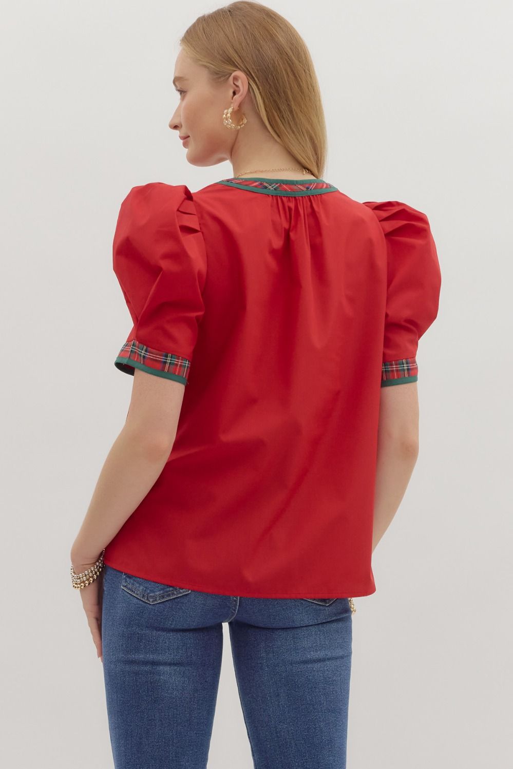 Red Solid Top with Plaid VNeck Band image 5