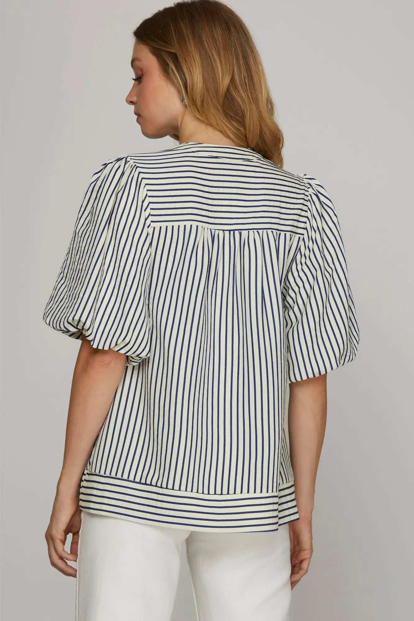 BUBBLE SLEEVE STRIPED WOVEN TOP image 5