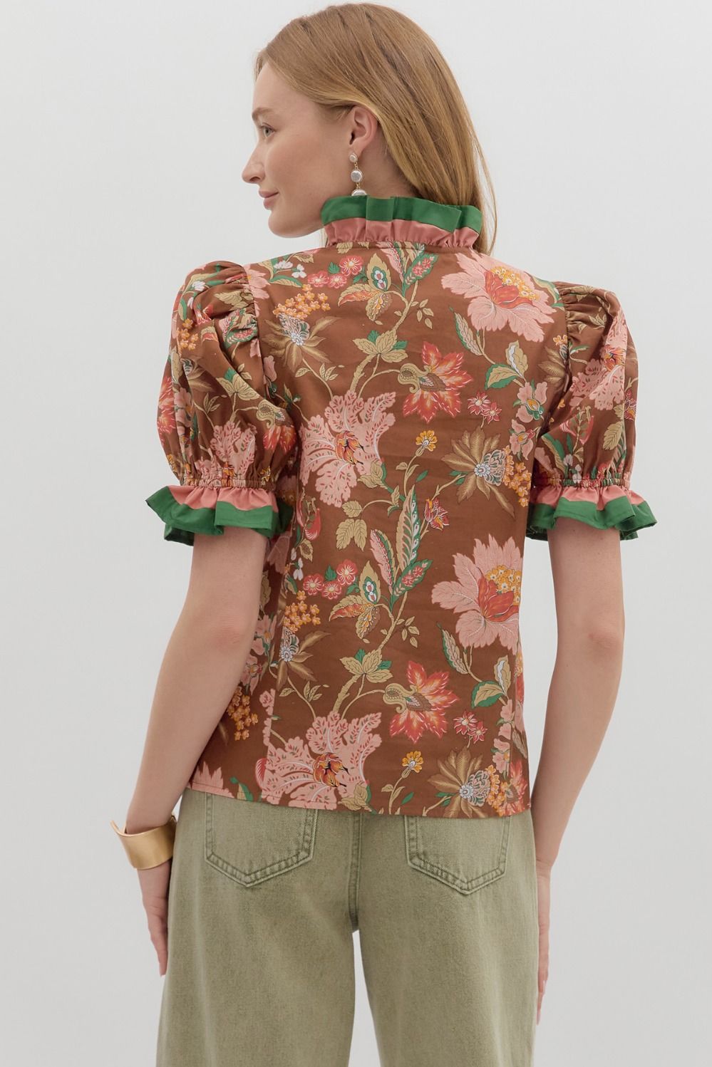 Brown& Pink Floral Ruffle Band Top image 3