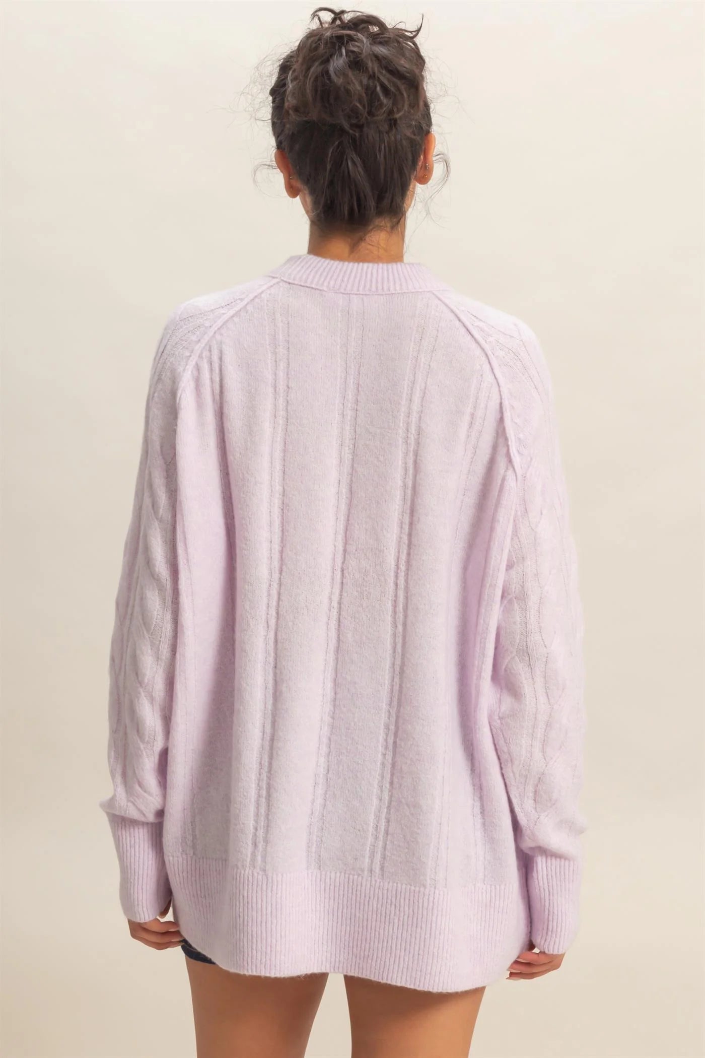 Lilac Gray Cable Knit Long Sleeve Sweater image 3