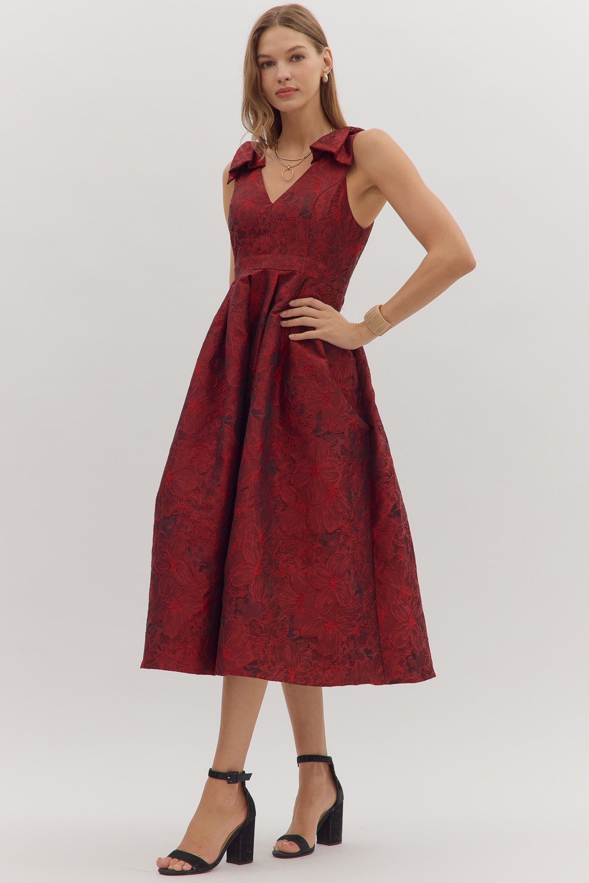 Red Embroidered Bow Sleeveless Midi image 2
