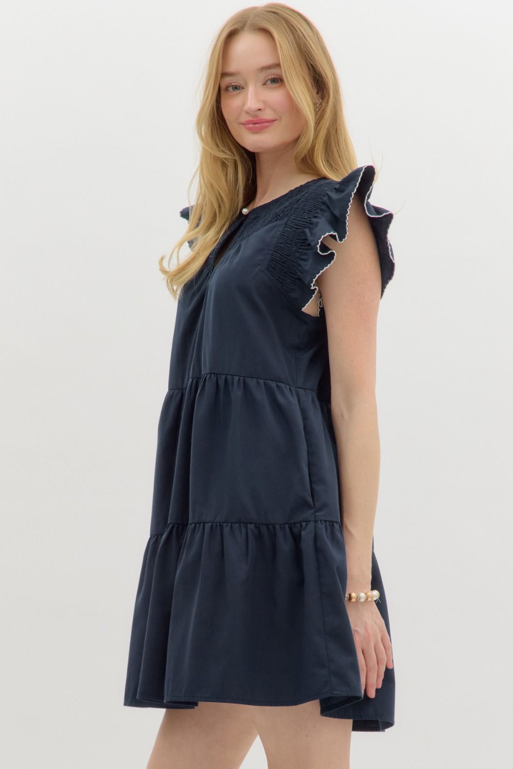 Navy Smocked Flutter Sleeve Mini Dress image 2