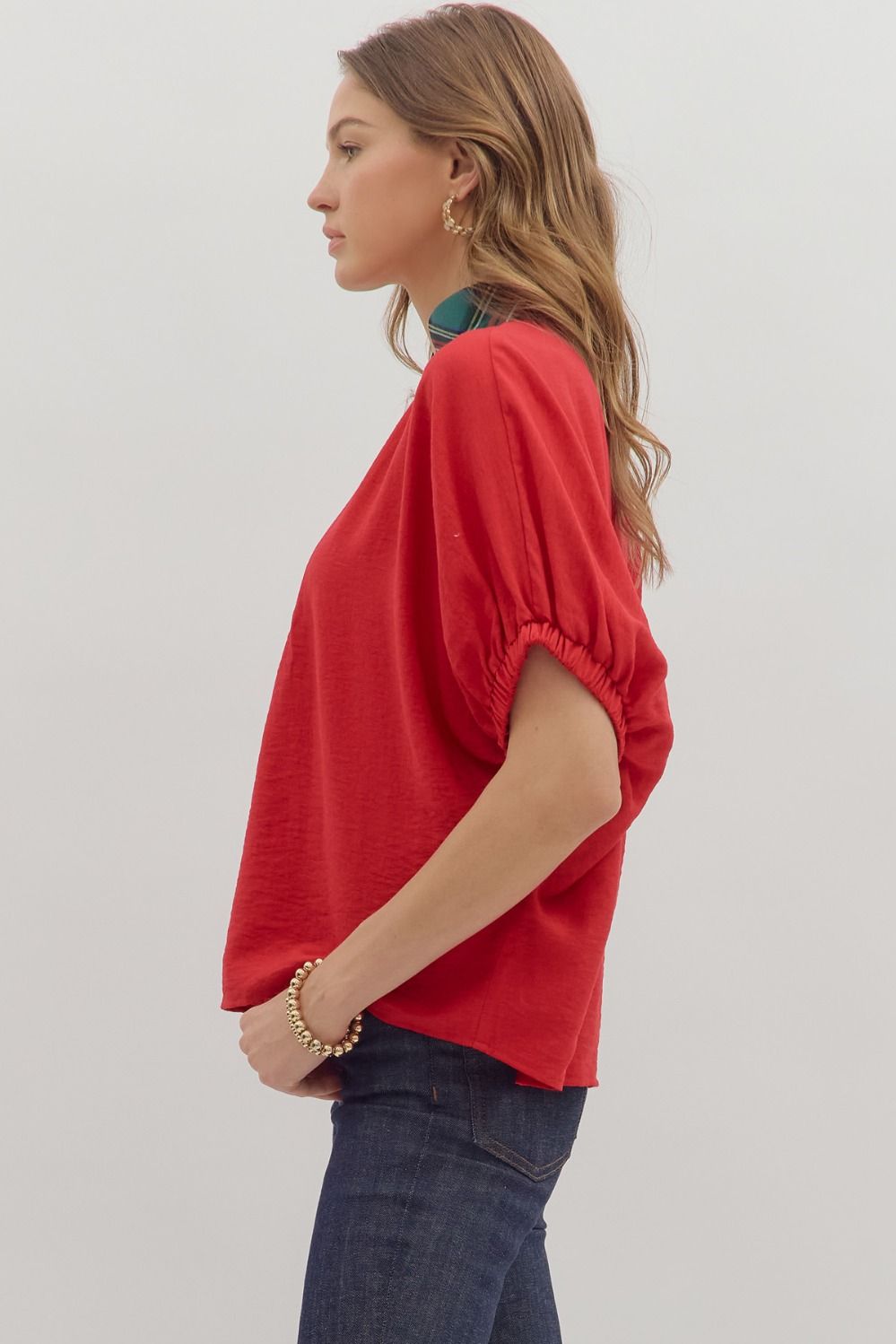 Red Dolman Top Featuring Plaid Band Accent image 4