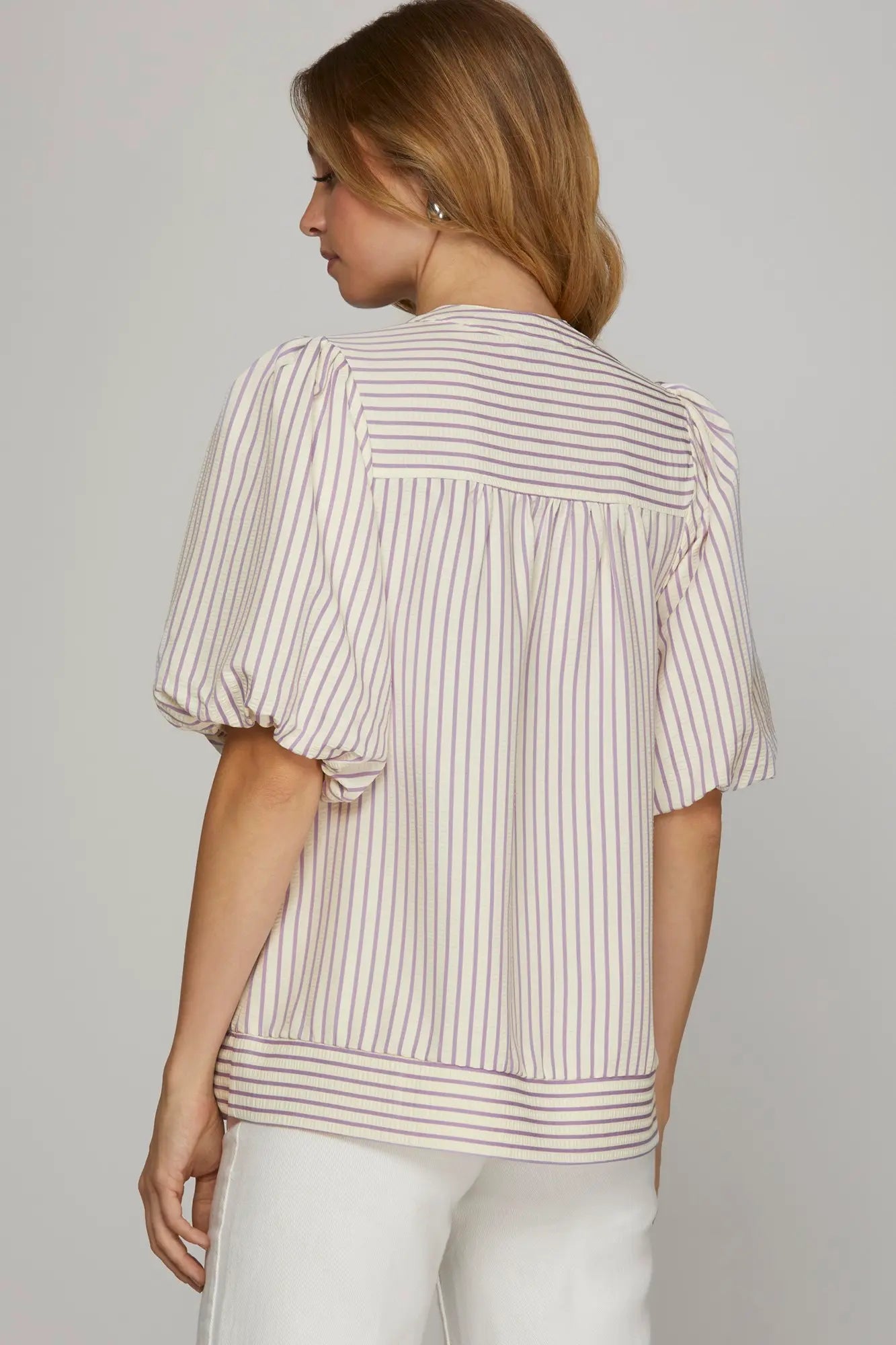 BUBBLE SLEEVE STRIPED WOVEN TOP image 2