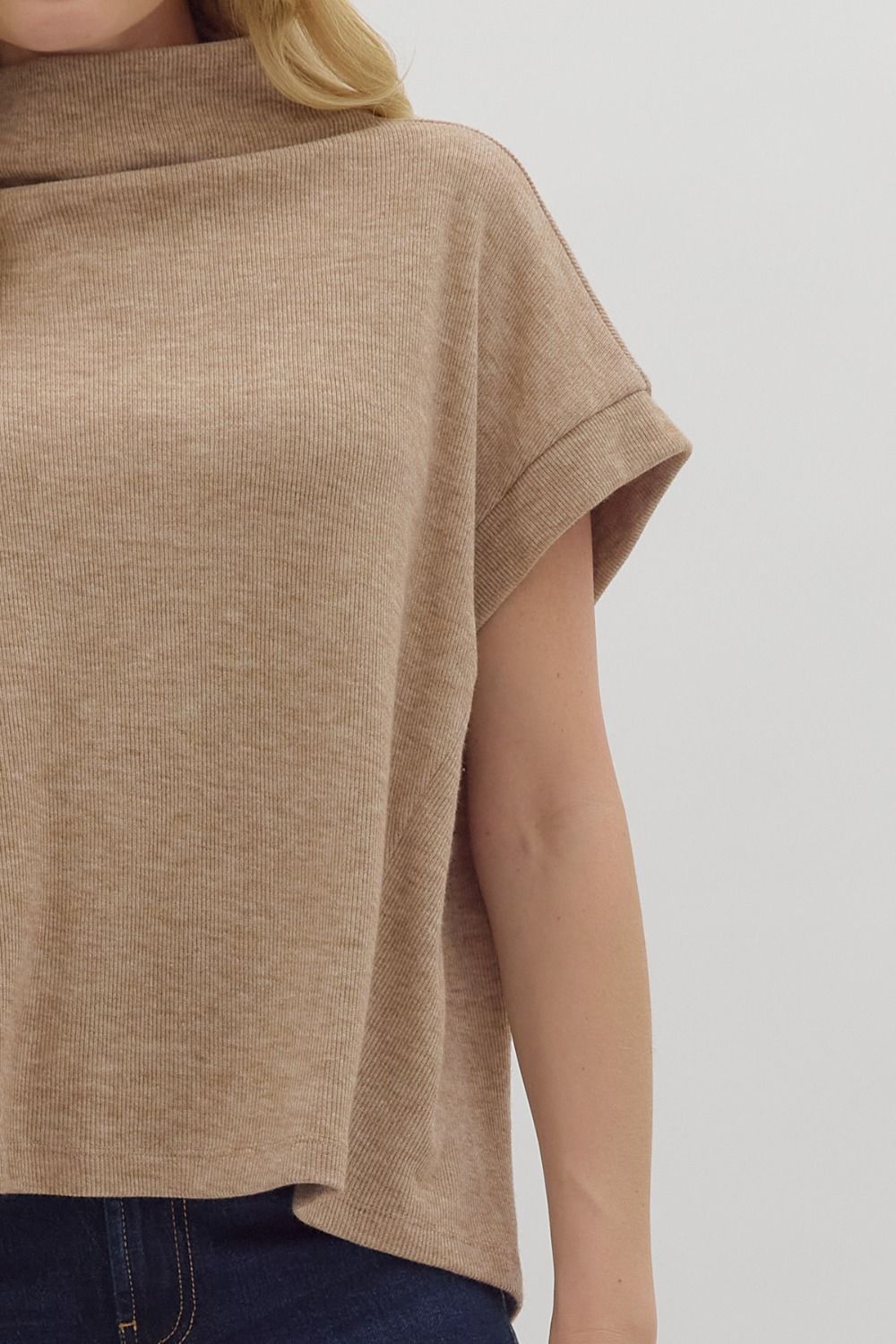 Taupe Solid SS Mock Neck Top Rolled Cuffs image 3