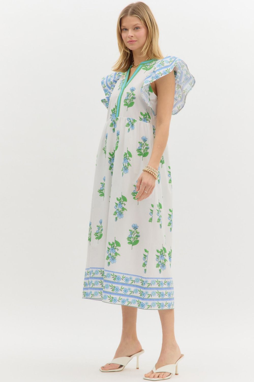 White with Blue & Green Neck Midi Dress image 3
