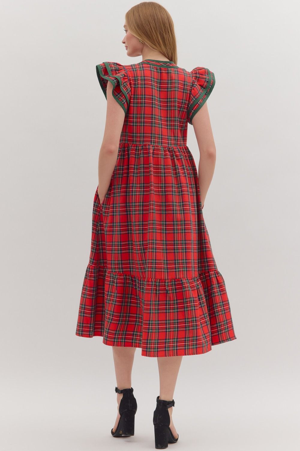 Red Plaid Flutter Sleeve Midi image 4