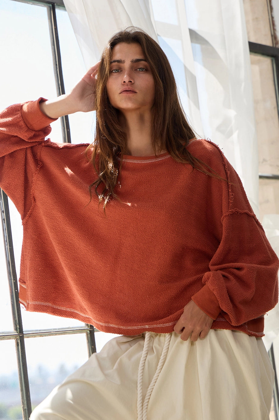 RUST OVERLAP OPEN BACK OVERSIZED REVERSE STICH TOP image 4