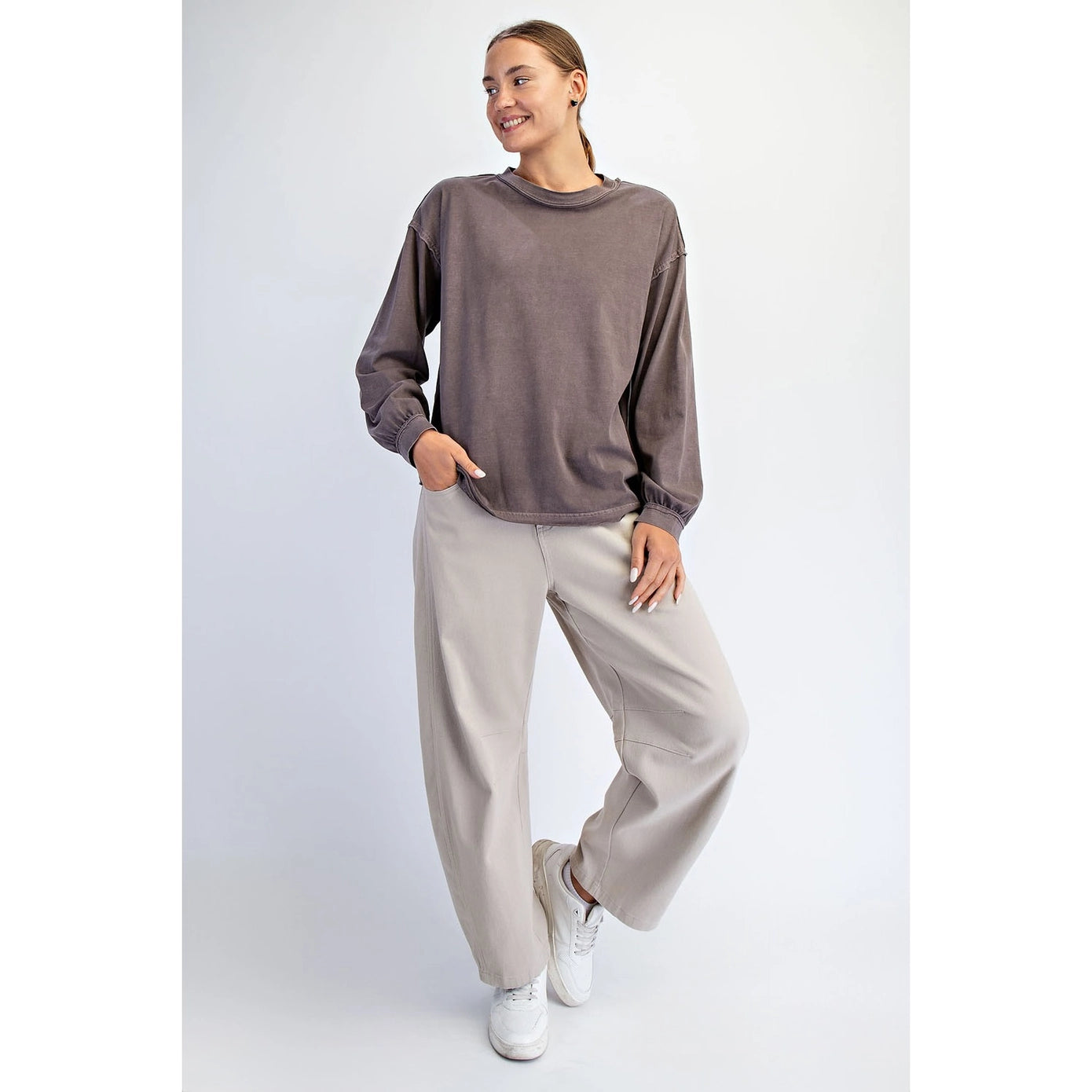 MOCHA OVERSIZED COTTON SLUB LONG SLEEVE TOP image 0