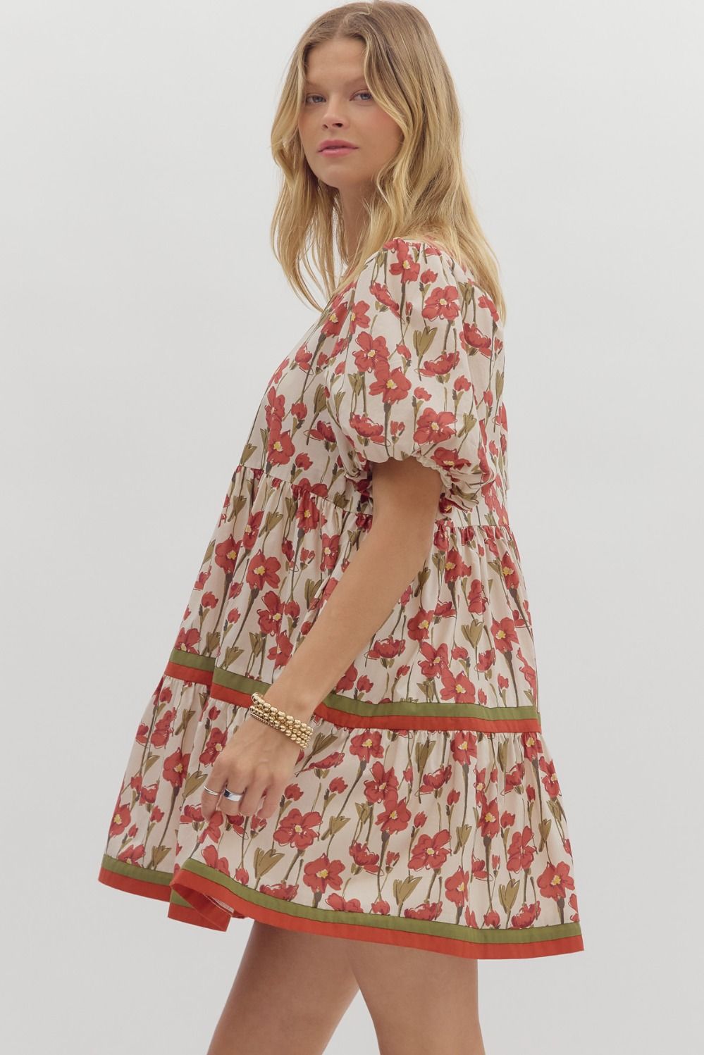 Rust & Olive Floral Print Tiered Mini Dress image 4