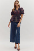 Navy Plaid Zip Front Top image 0