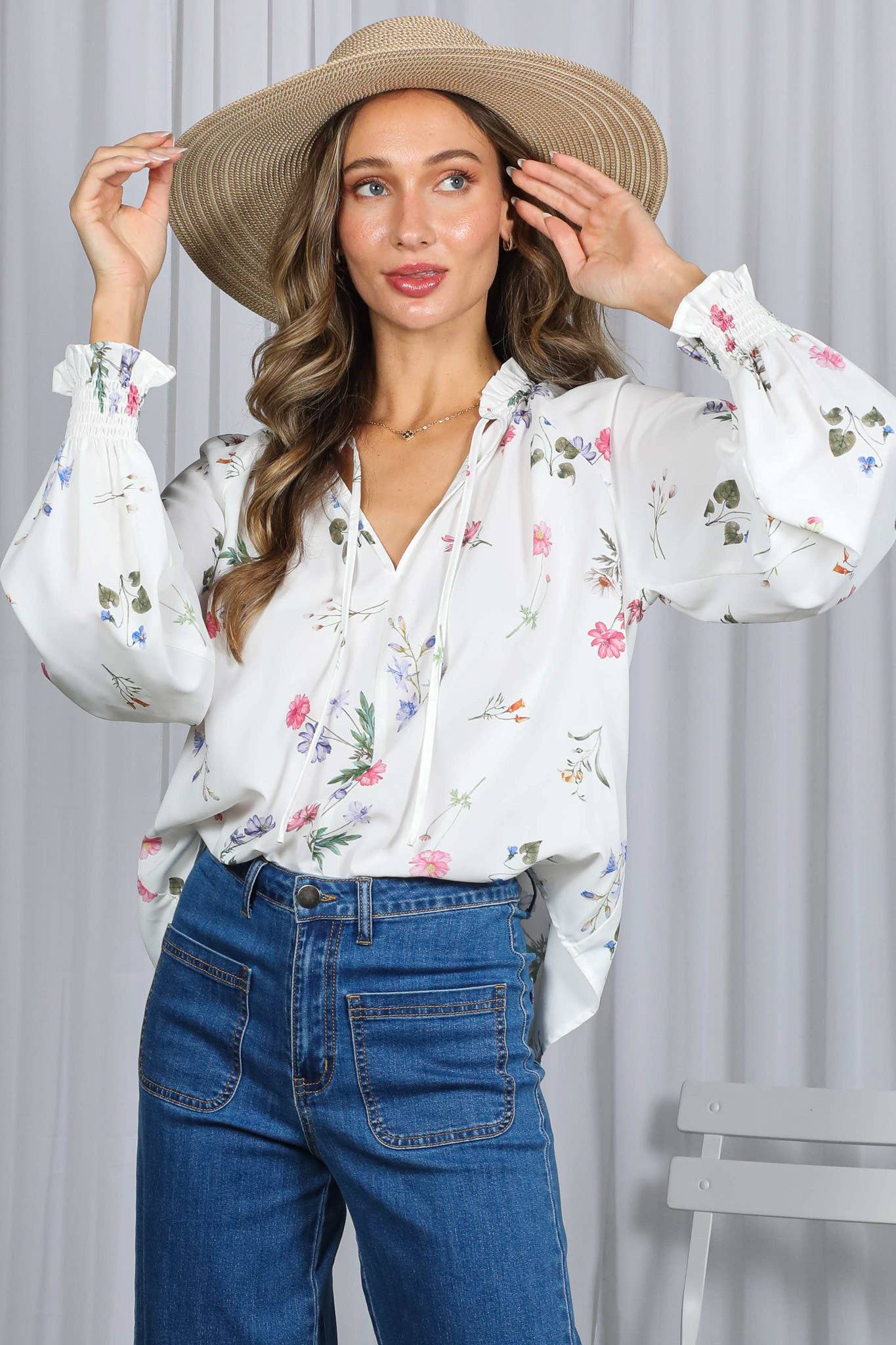 Floral Print Ruffled V-Tie Neck Blouse Top