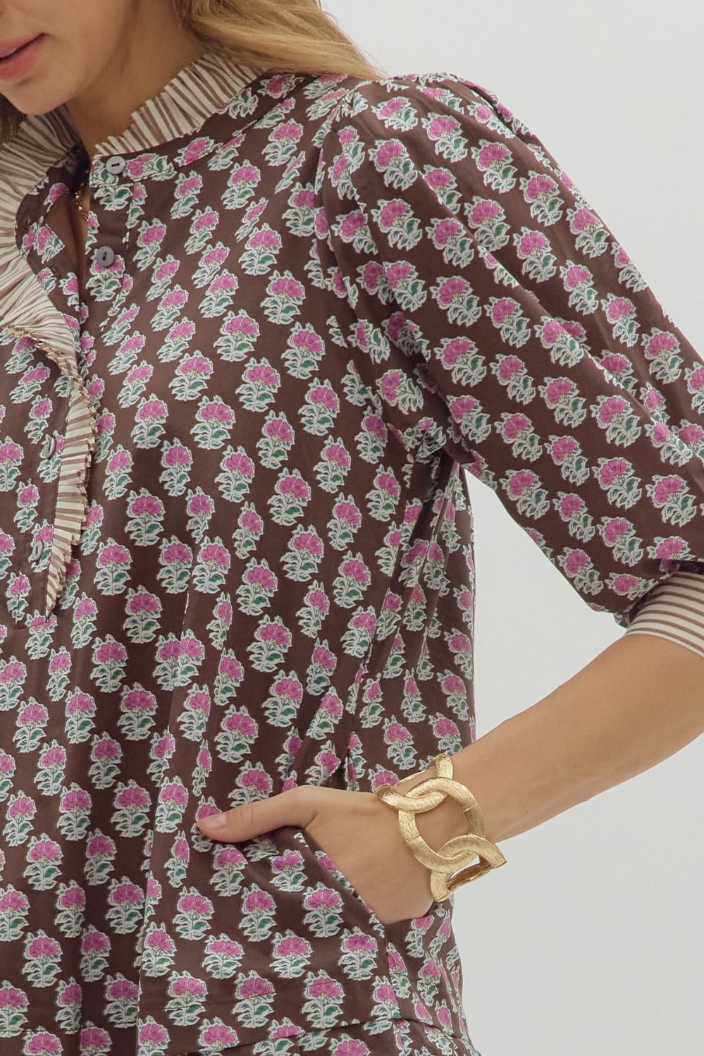 Brown & Pink 3/4 Sleeve Floral Mini Dress image 2
