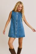 SLEEVELESS ROUND NECK BUTTON DOWN DENIM MINI DRESS image 1