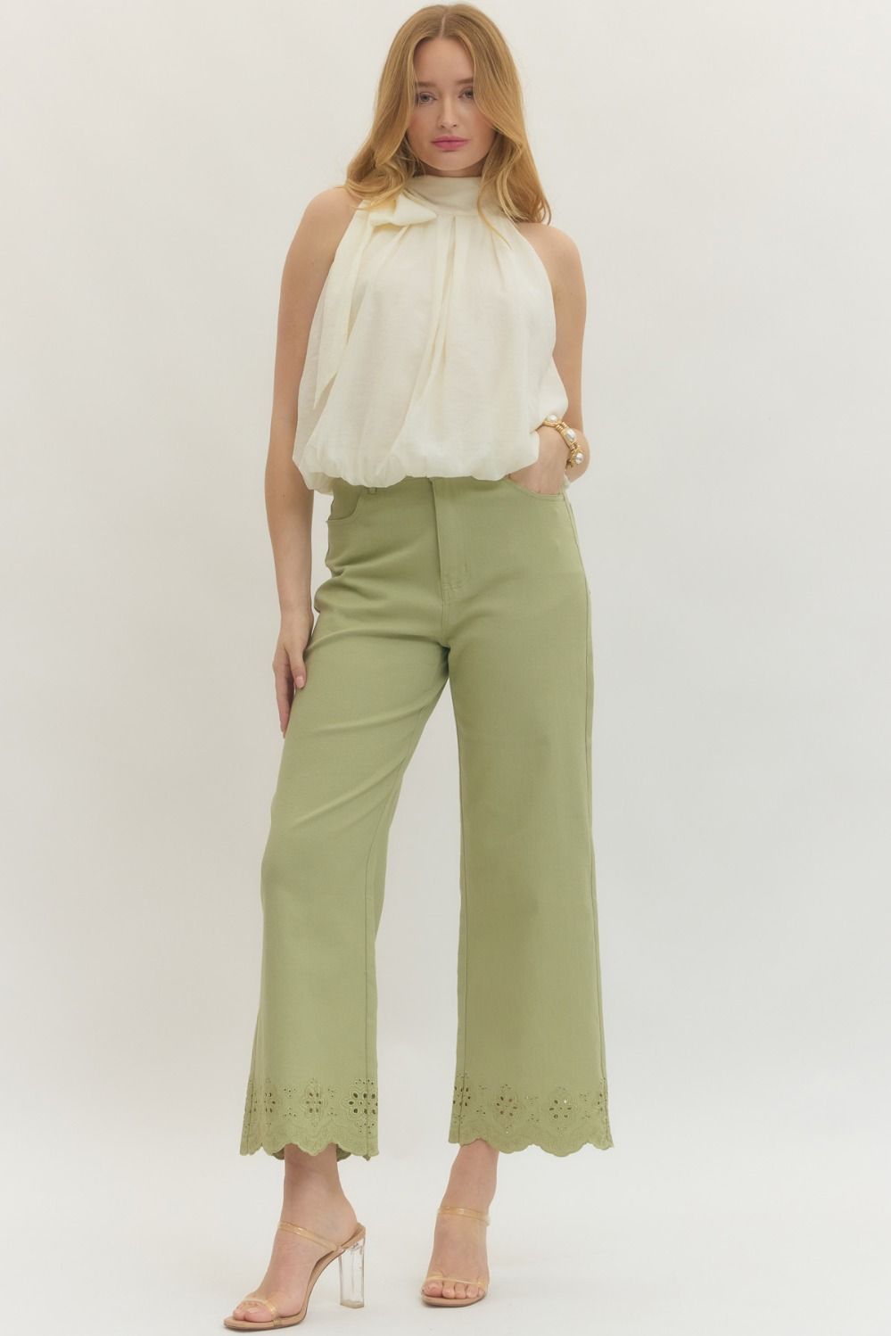 Scallop Eyelet Hem Ankle-Length Pant