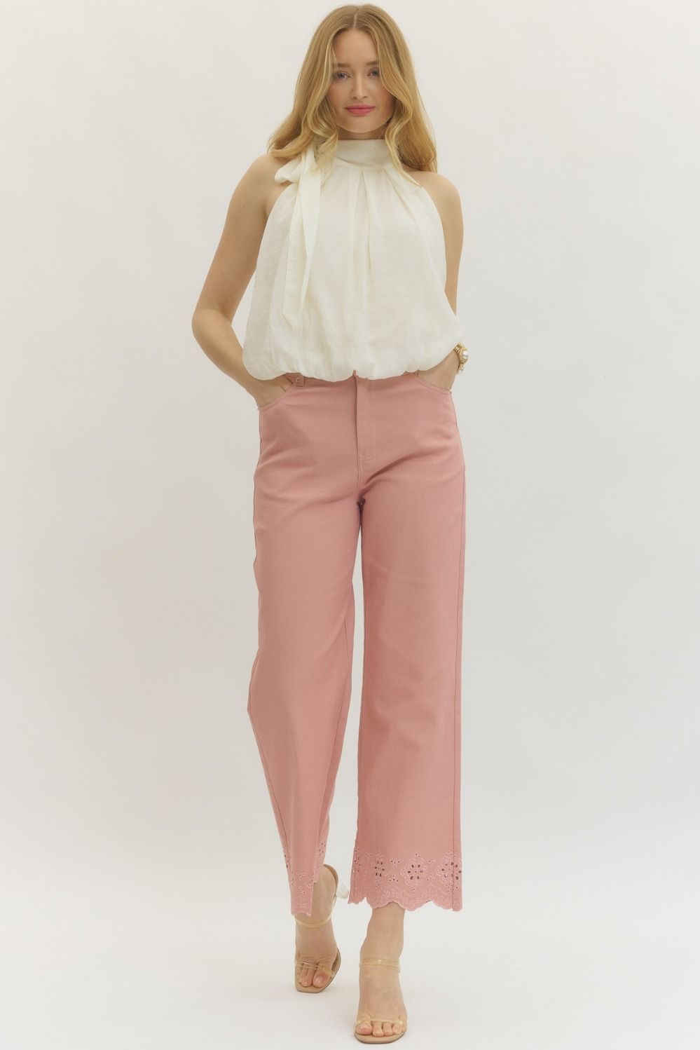 Scallop Eyelet Hem Ankle-Length Pant