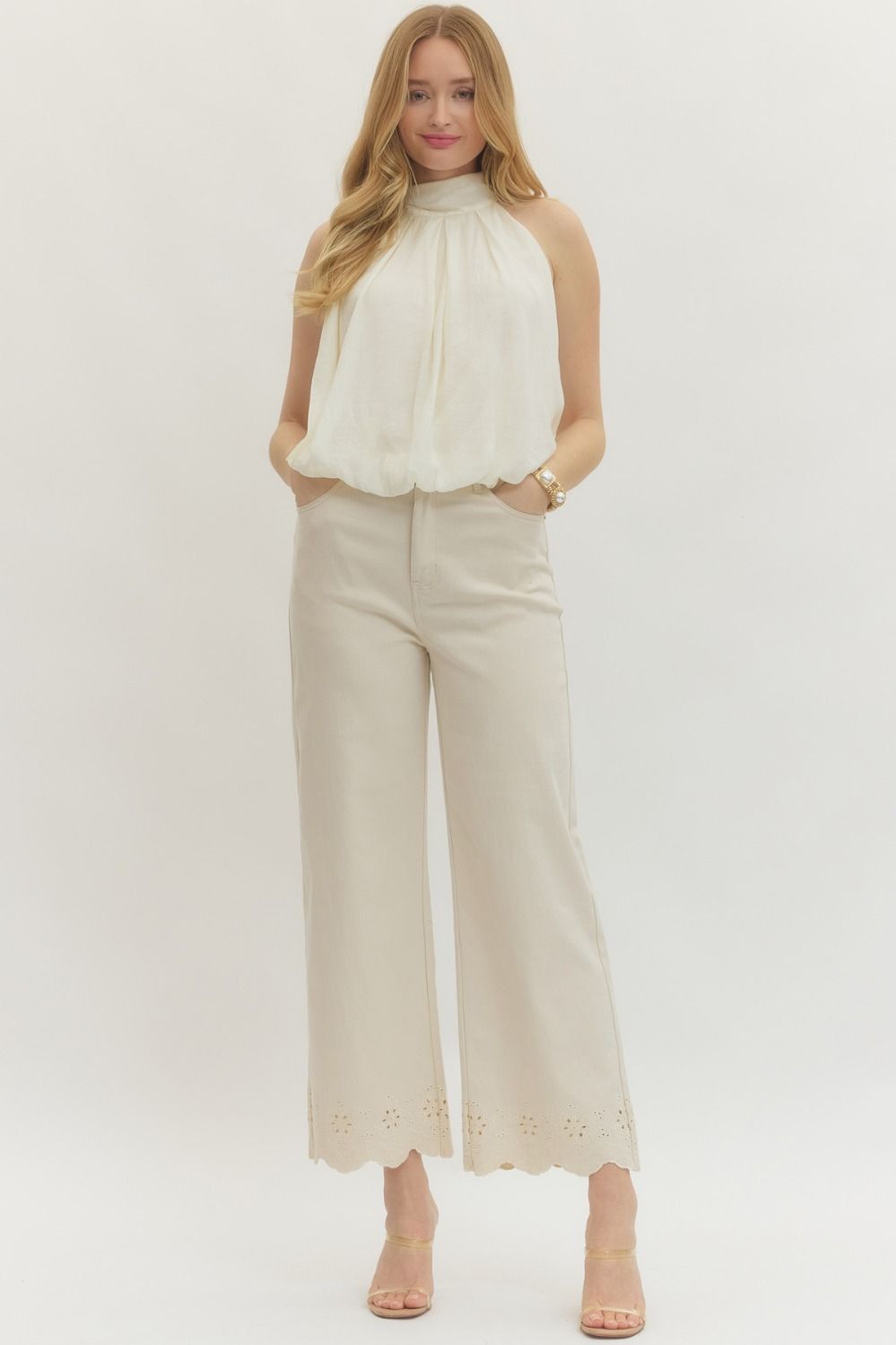 Scallop Eyelet Hem Ankle-Length Pant