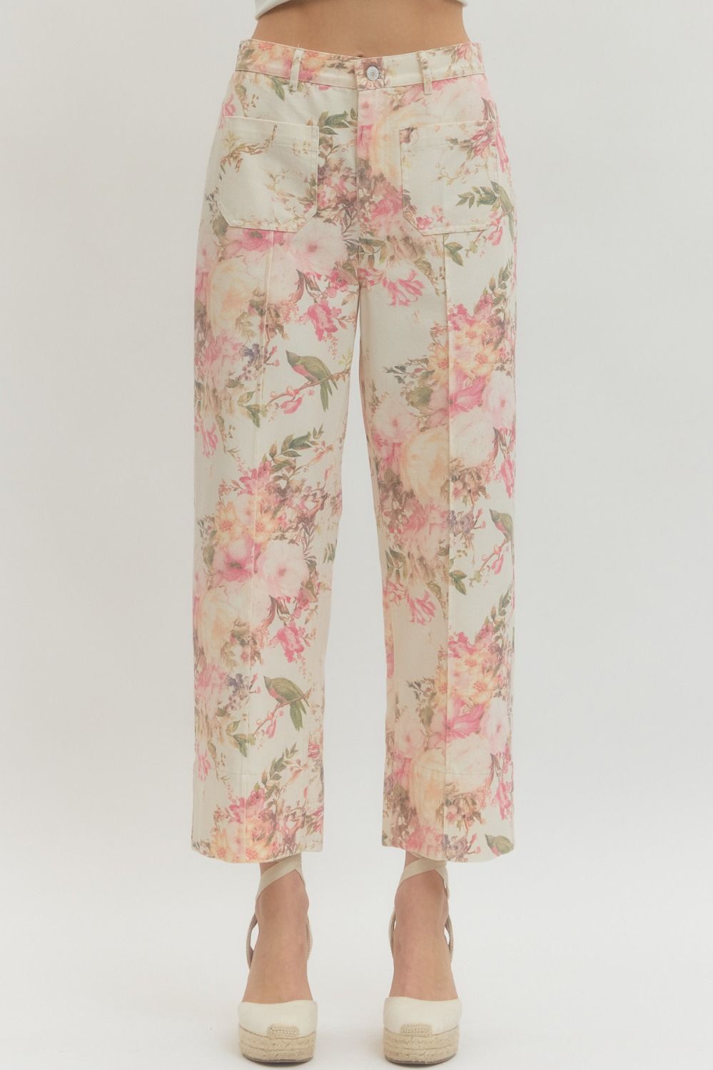 White & Pink Floral Straight Leg Pant
