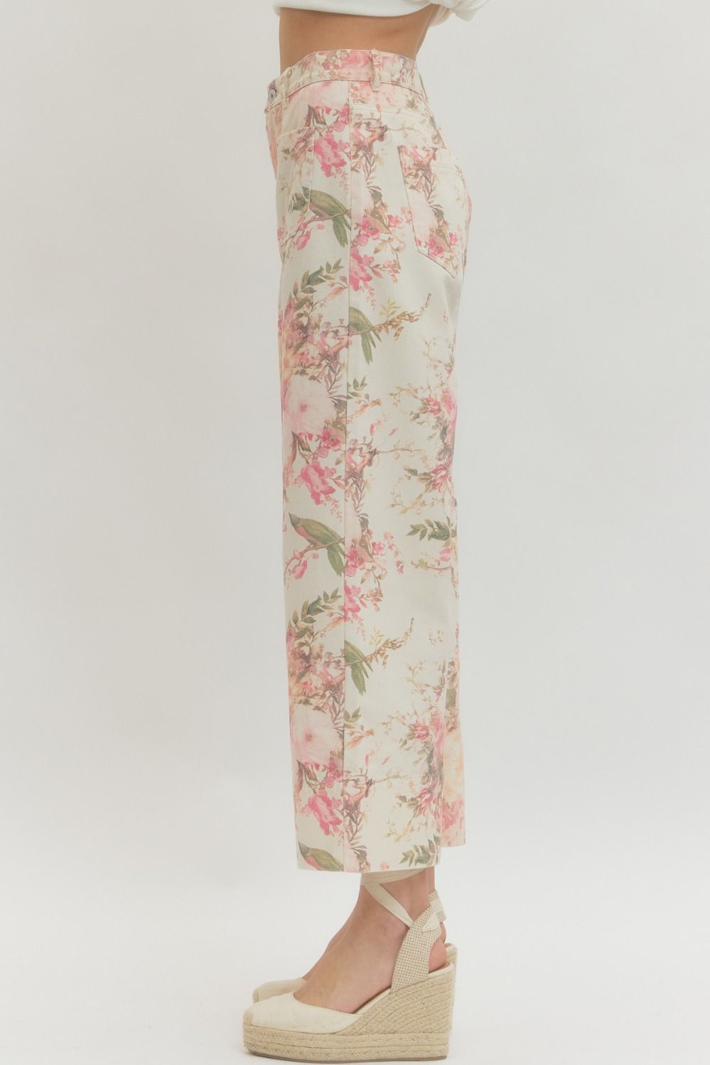 White & Pink Floral Straight Leg Pant