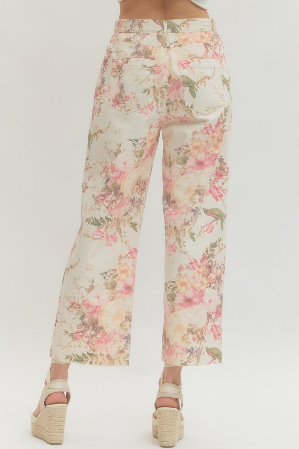 White & Pink Floral Straight Leg Pant