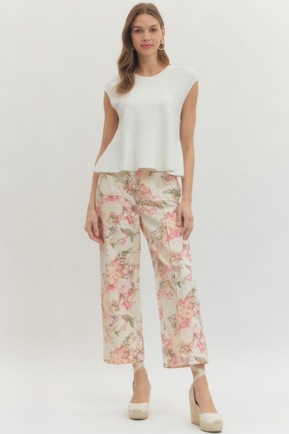 White & Pink Floral Straight Leg Pant