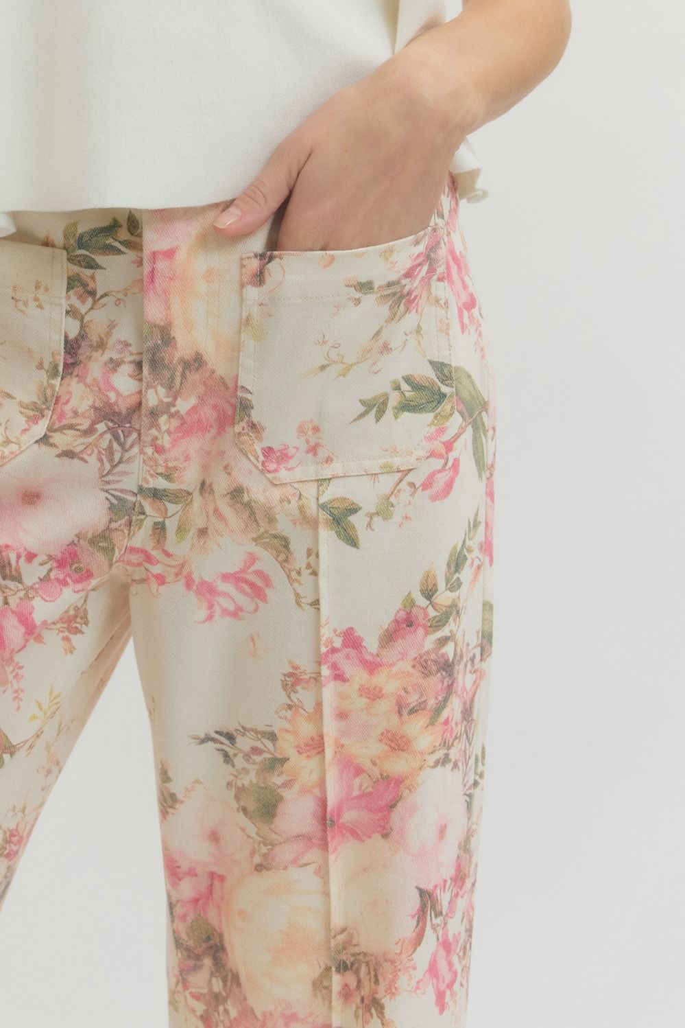 White & Pink Floral Straight Leg Pant