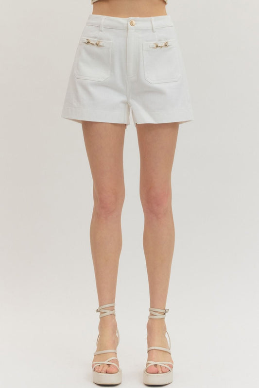 Off White High Waisted Shorts with Gold Horsebit