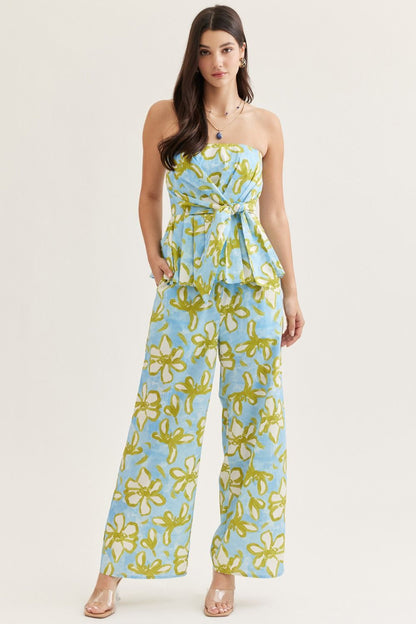 Floral Strapless Top with Floral Wide Leg Pants