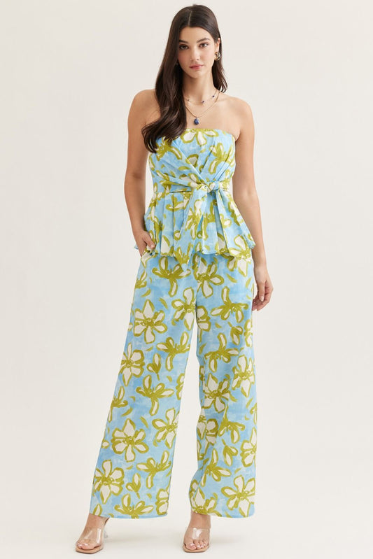 Floral Strapless Top with Floral Wide Leg Pants