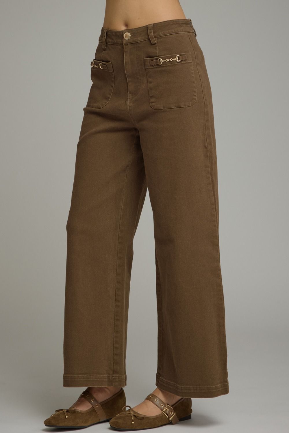 Solid Wide Leg Pant Featuring Horsebit Hardware