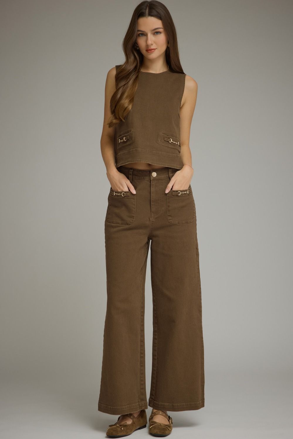 Solid Wide Leg Pant Featuring Horsebit Hardware