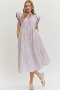 Textured Stripe Tiered Flutter Sleeve Midi