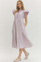 Textured Stripe Tiered Flutter Sleeve Midi