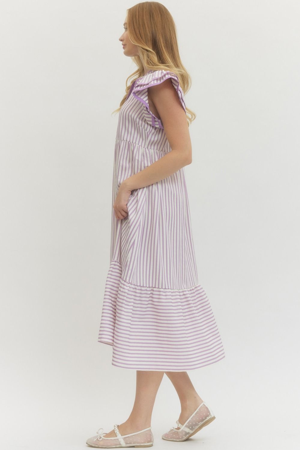 Textured Stripe Tiered Flutter Sleeve Midi