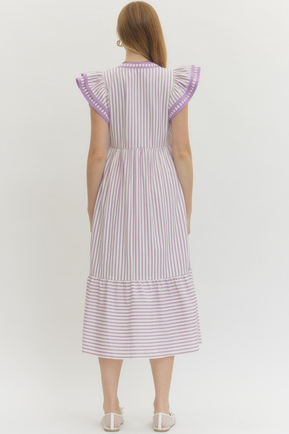 Textured Stripe Tiered Flutter Sleeve Midi
